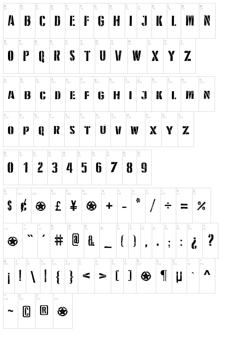 D Day Stencil font map